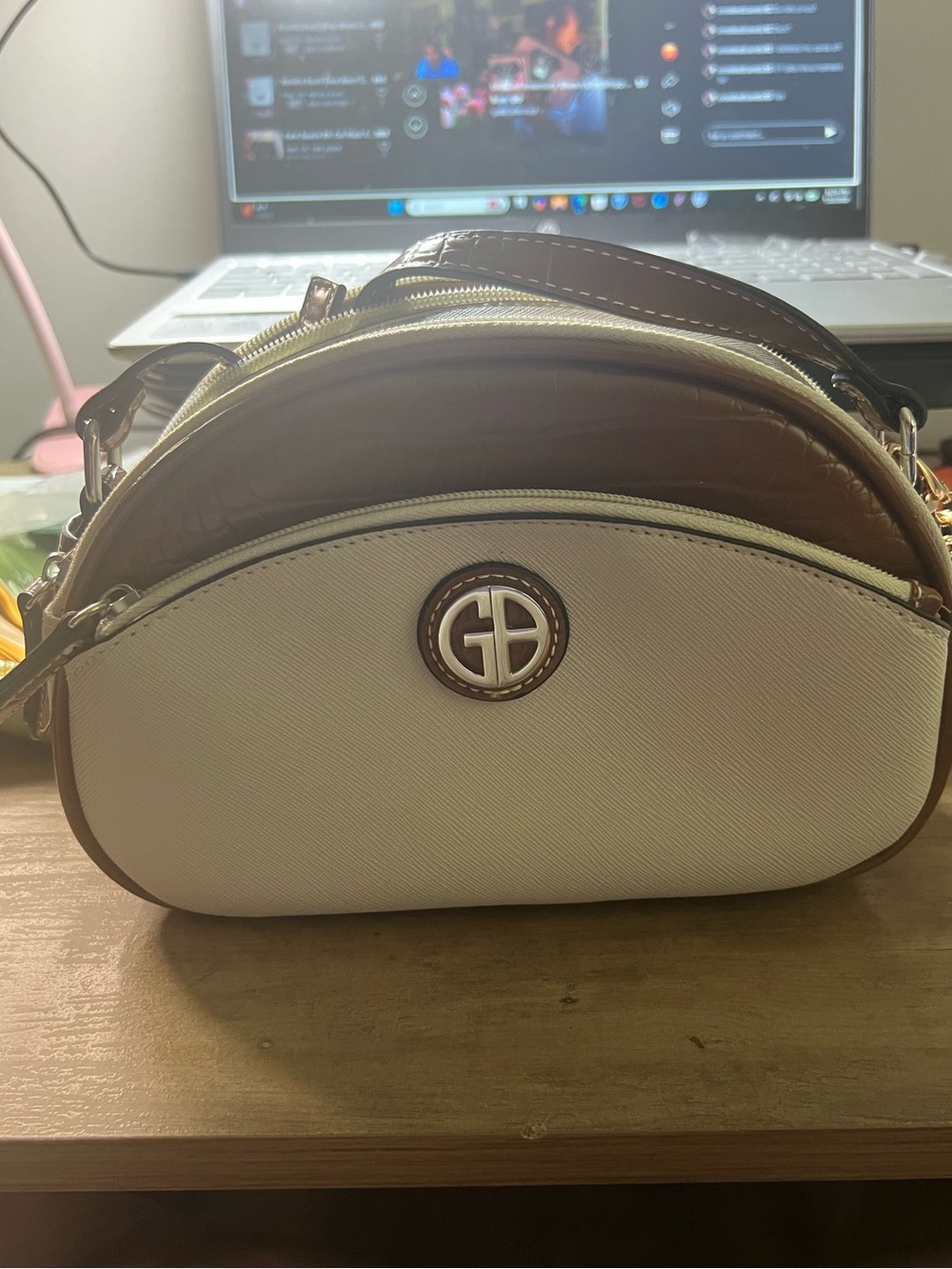 Giani Bernini Two-Tone Crossbody Bag | Cream & Cognac Brown | Includes Rhineston